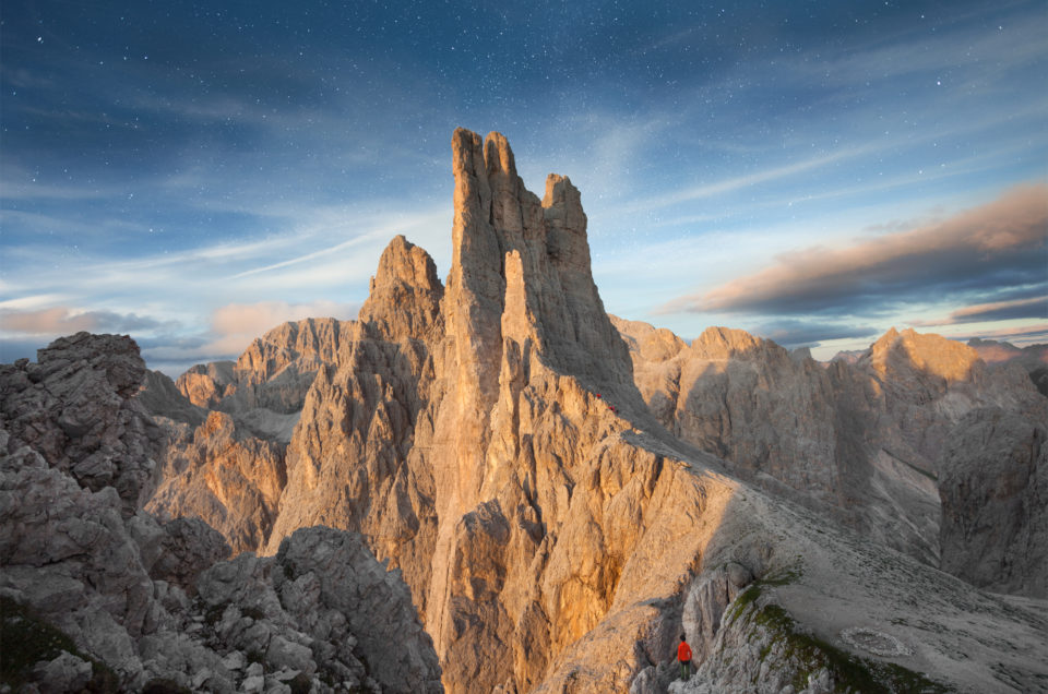 Sunset, startrails and sunrise from the Vajolet Towers