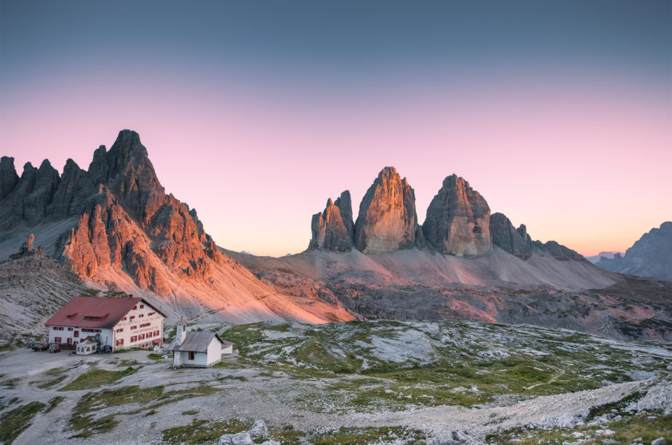 Tour Around Tre Cime di Lavaredo. Sunset and Milky Way.